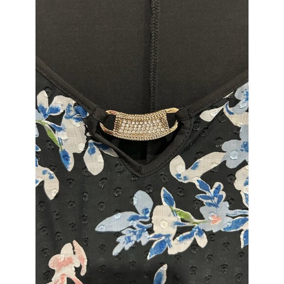 Notations Floral Chiffon Poncho Blouse Black Blue Sz XL Clip Dot Rhinestone Boho - Picture 5 of 11